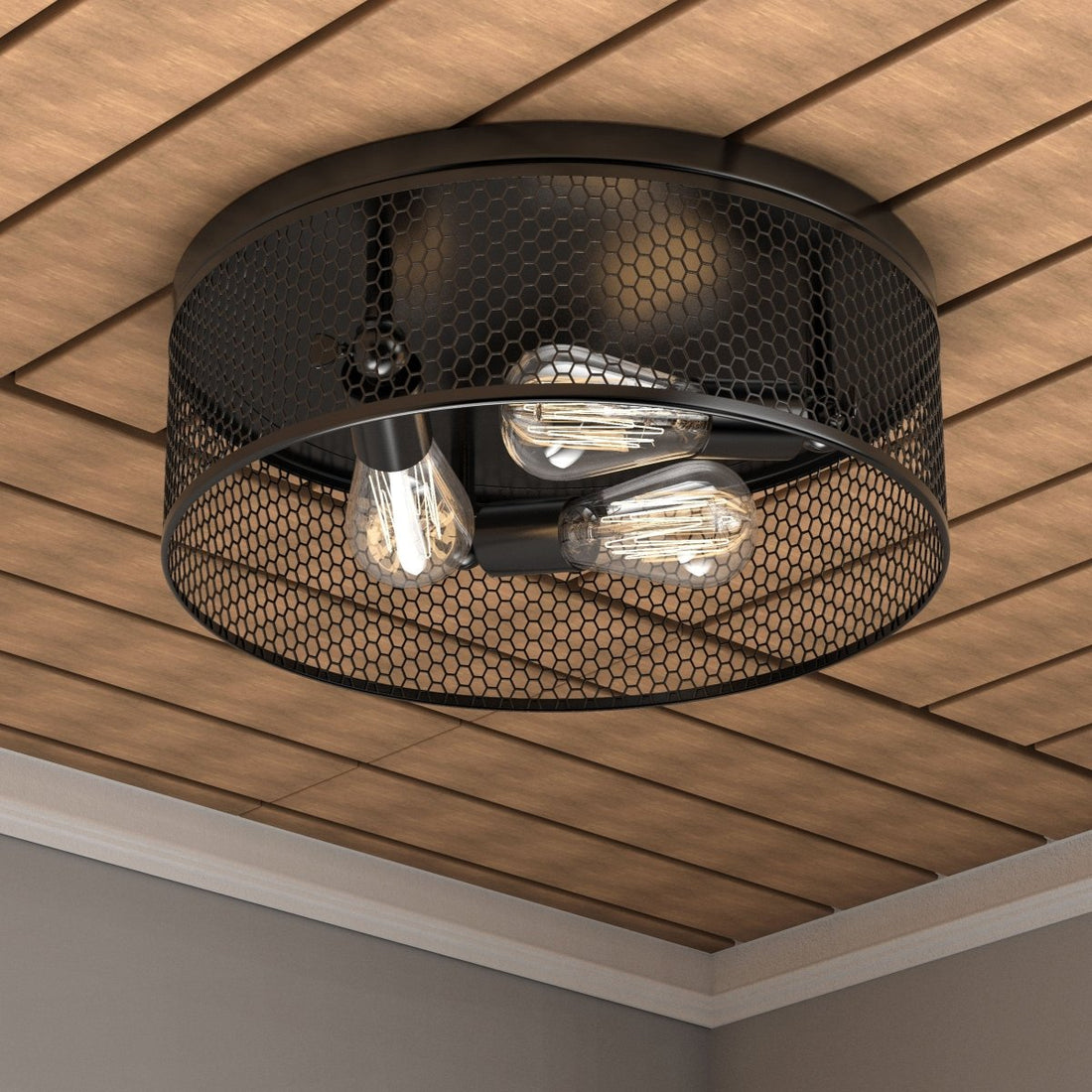 3-Light Black Cage Flush Mount Ceiling Light – E26